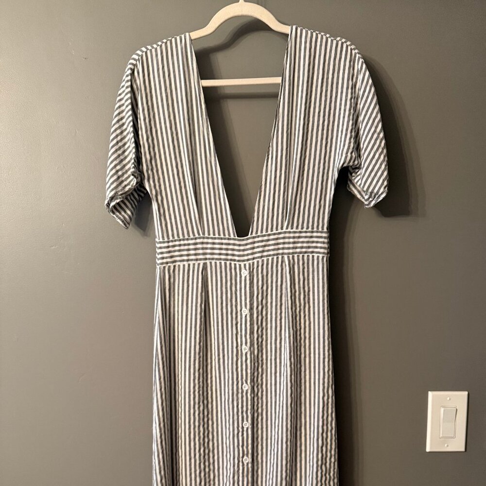 Blue and White Striped Dress with Deep V Neck